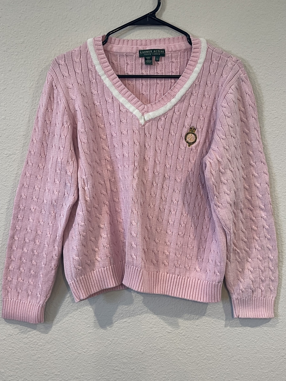 Lauren Active Ralph Lauren Vintage Pink 100% Cotton V Neck Cable Knit Sweater